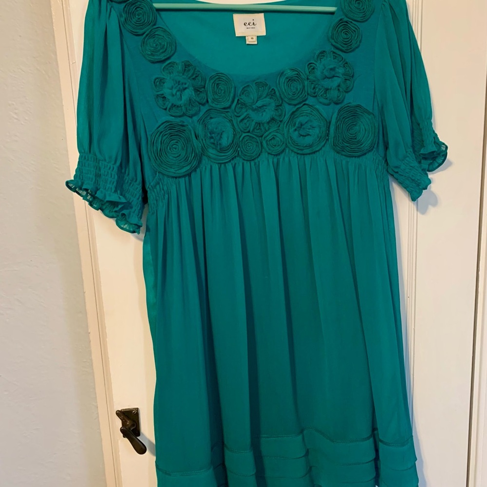 ECI Teal Crew Neck Dress with Rosette Detail